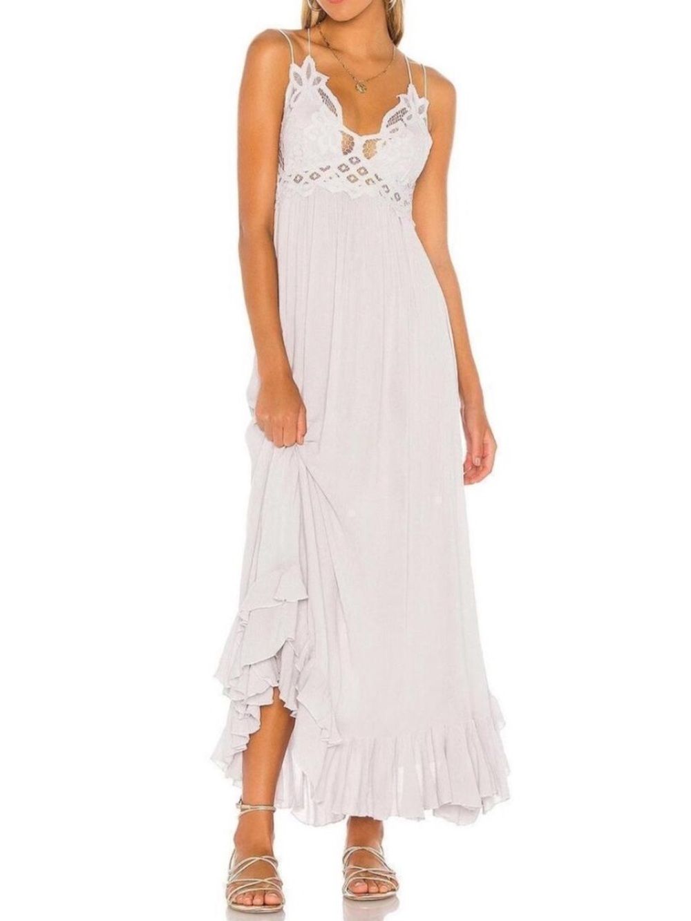 Free People Adella Pale Gray Lace Bodice Maxi Dress with Ruffle Hem